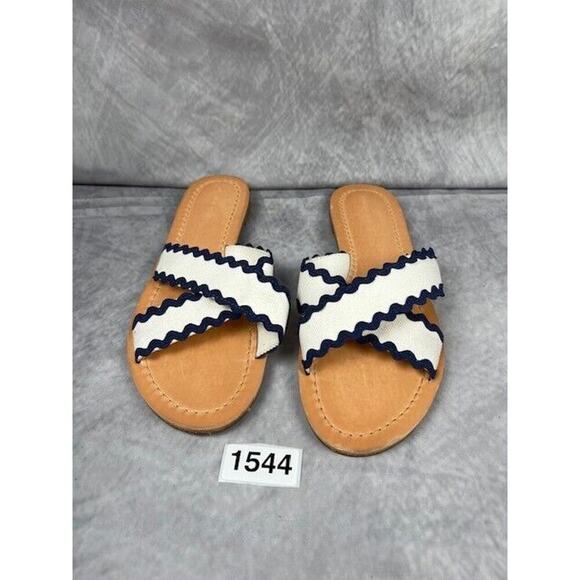 Draper James Women Piper Flat Slide Sandals Size 7 Fabric White and Blue - Picture 1 of 6